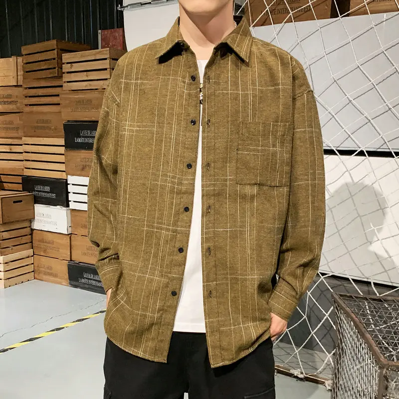 2022 Lente Herfst Brand Lange Mouwen Nieuwe Kraag Korea Stijl Groen Kaki Shirt Voor Mannen Plaid Harajuku Kleding