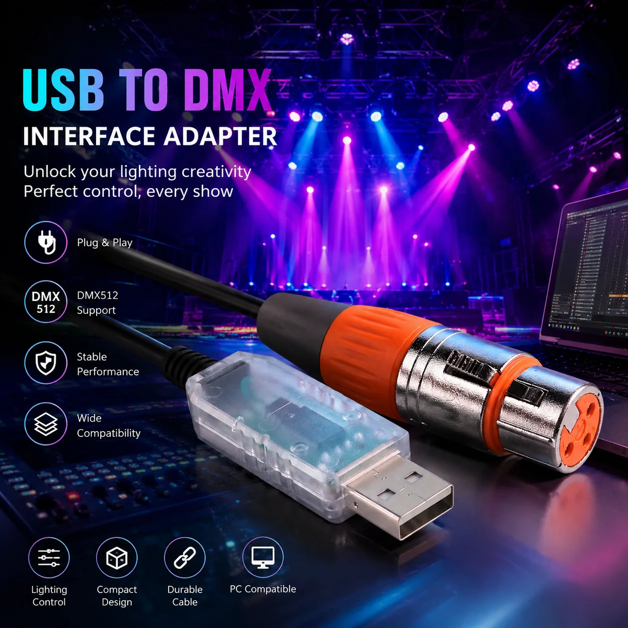 Cable Adaptador de Interfaz USB a DMX512, Convertidor de Controlador DMX USB FTDI para Iluminación de Escenario LED, Control DMX para PC