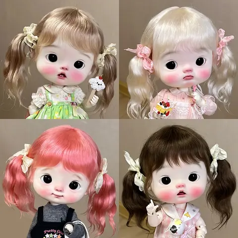 BJD 가발 큰 머리 인형 귀여운 앞머리 더블 포니 테일 곱슬 머리 Blyth meng, DIANDIAN, Qbaby 머리 24.5-27cm 인형 액세서리
