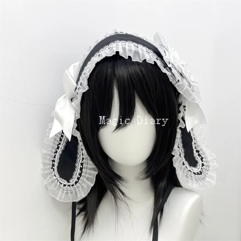 Lolita Rabbit Ears Cosplay Hairpin Costume Headwear Clip Jirai Kei Lace Bow Ribbon Headdress Cute Accessories Y2k Party Props
