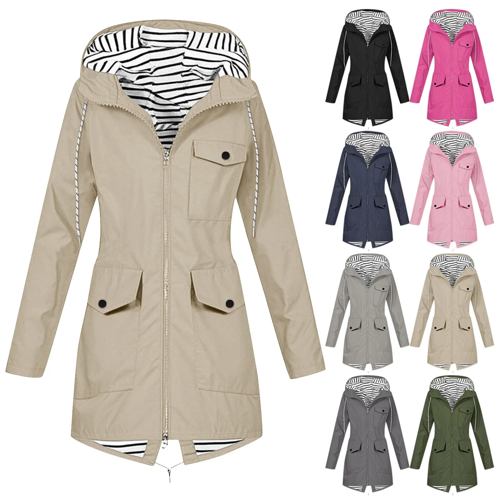 Women's Zip-up Hooded Jacket Outdoor Hiking Jacket Coat Solid Color Waterproof Windproof Rain Jackets Hooded Coat with Pocket view 6