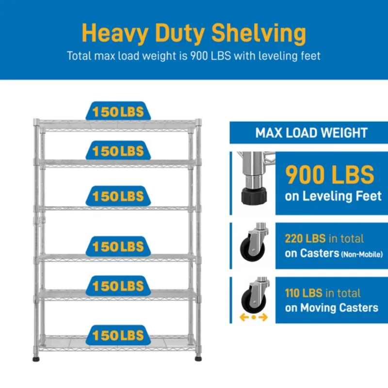 6-layer Storage Rack Storage Rack for Warehouse Utility Room and Kitchen Removable Chrome-plated Wire Mesh Rack with Wheels