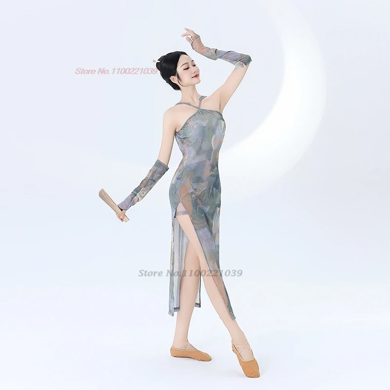 2025 vestido de danza folclórica tradicional china estampado de flores nacionales sin mangas qipao cheongsam puesta en escena vestido de danza folclórica
