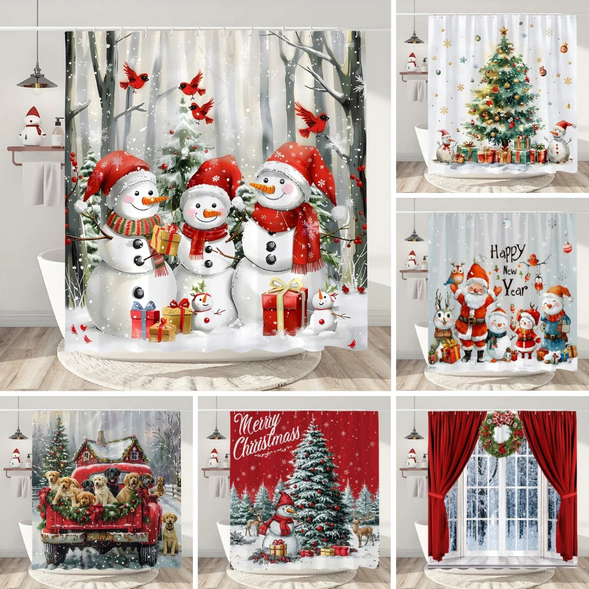 Snowman Christmas Shower Curtain Christmas Tree Gifts Red Bird Winter Snow Fabric Printed Bath Curtain Bathroom Decor With Hooks