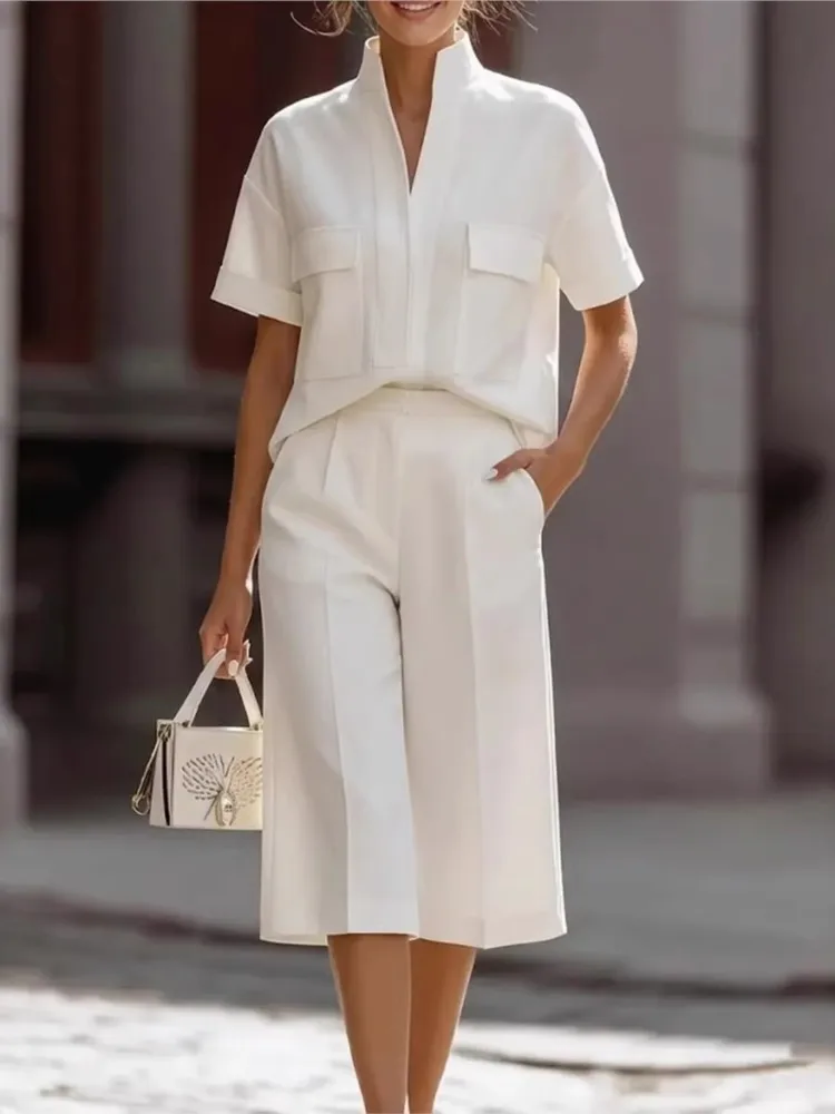 Women 2 Piece Outfit Set Stand Collar Short Sleeve Blouse Tops High Waist Capri Pants Solid Color Casual Office Suit For Ladies