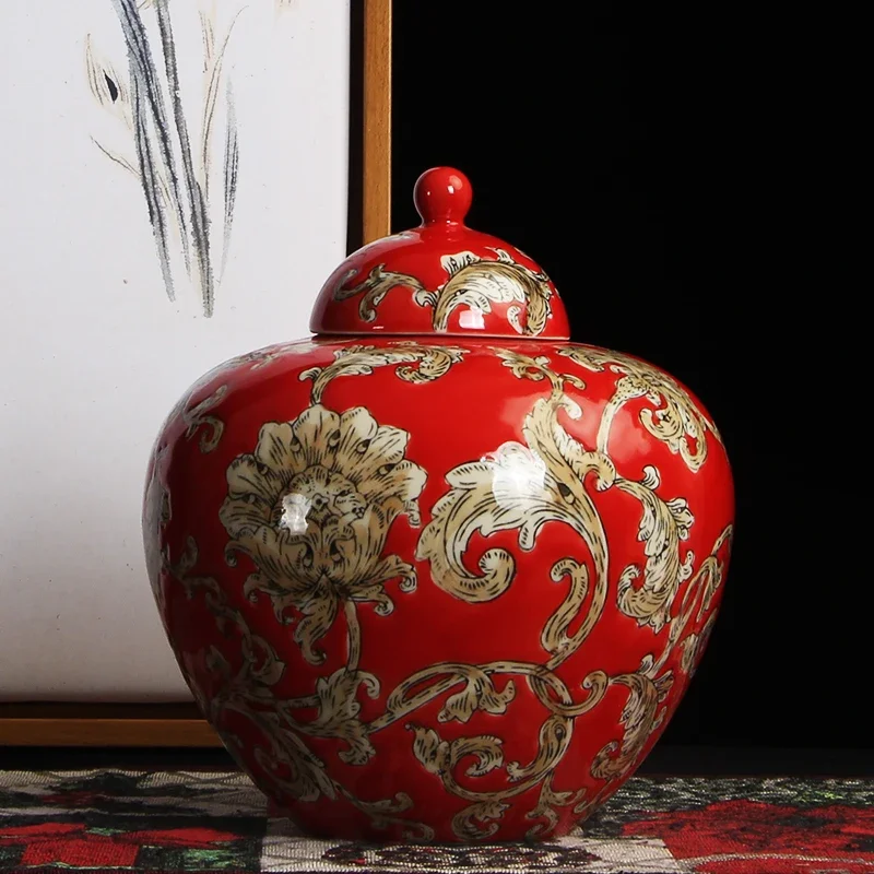

Jar Vase Modern Bohemian Style Colorful Flowers Red Brown Hand Painted Ceramic Storage Jar Vase Decoration Ceramic Canister Lid
