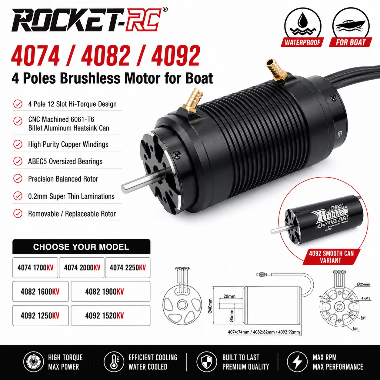 ROCKET-RC 4074 4082 4092 Brushless Motor 1600KV 1520KV 1250KV 2250KV W/ Water Cooling Jacket for 1000mm(or Above) RC Boat RC Car