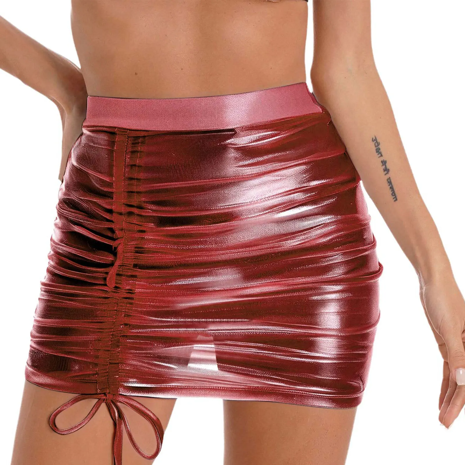 

Women Sexy Transparent Mini Skirt High Waist Pencil Metallic Adjustable Drawstring Short Skirt Bar Nightclub Wear Mini Skirt