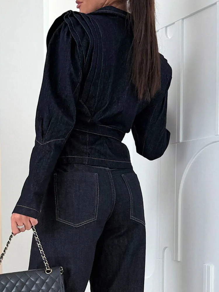 

Элегантная джинсовая куртка на шнуровке с воротником с лацканами, женская повседневная однотонная короткая куртка с длинными рукавами, модное свободное пальто на пуговицах