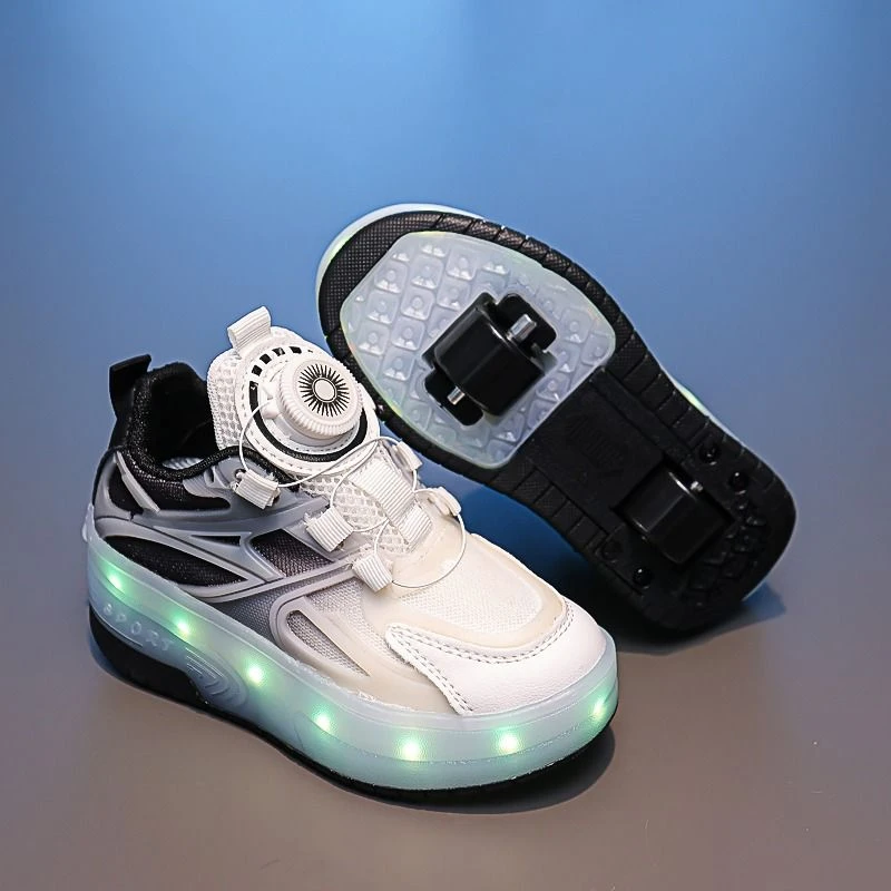 Children\'s Kids Boys Girls USB Charging Glowing Casual Sneakers Led Light Wheels Outdoor Parkour Roller Skate Shoes Sports For