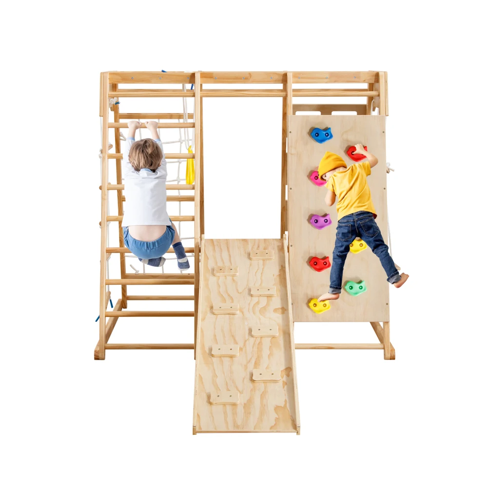 Indoor Playground 8 In 1 Climbing Toys For Toddlers Wooden Playground With Slide Swing Climbing Rock Climbing Net Rings And More