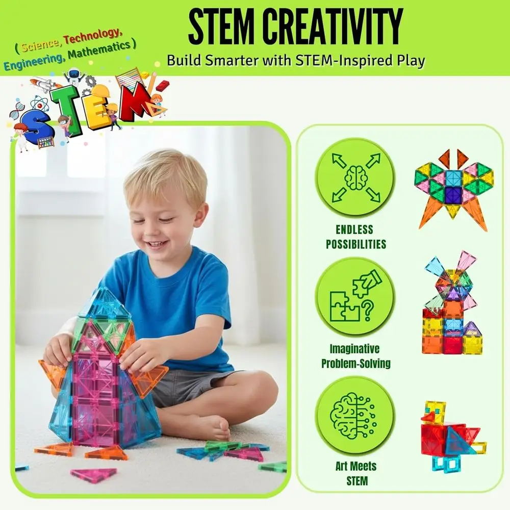 Juego de construcción magnética de 180 piezas con 2 bases de coche para niños de 3 a 12 años, juguetes de aprendizaje STEM para niños y niñas