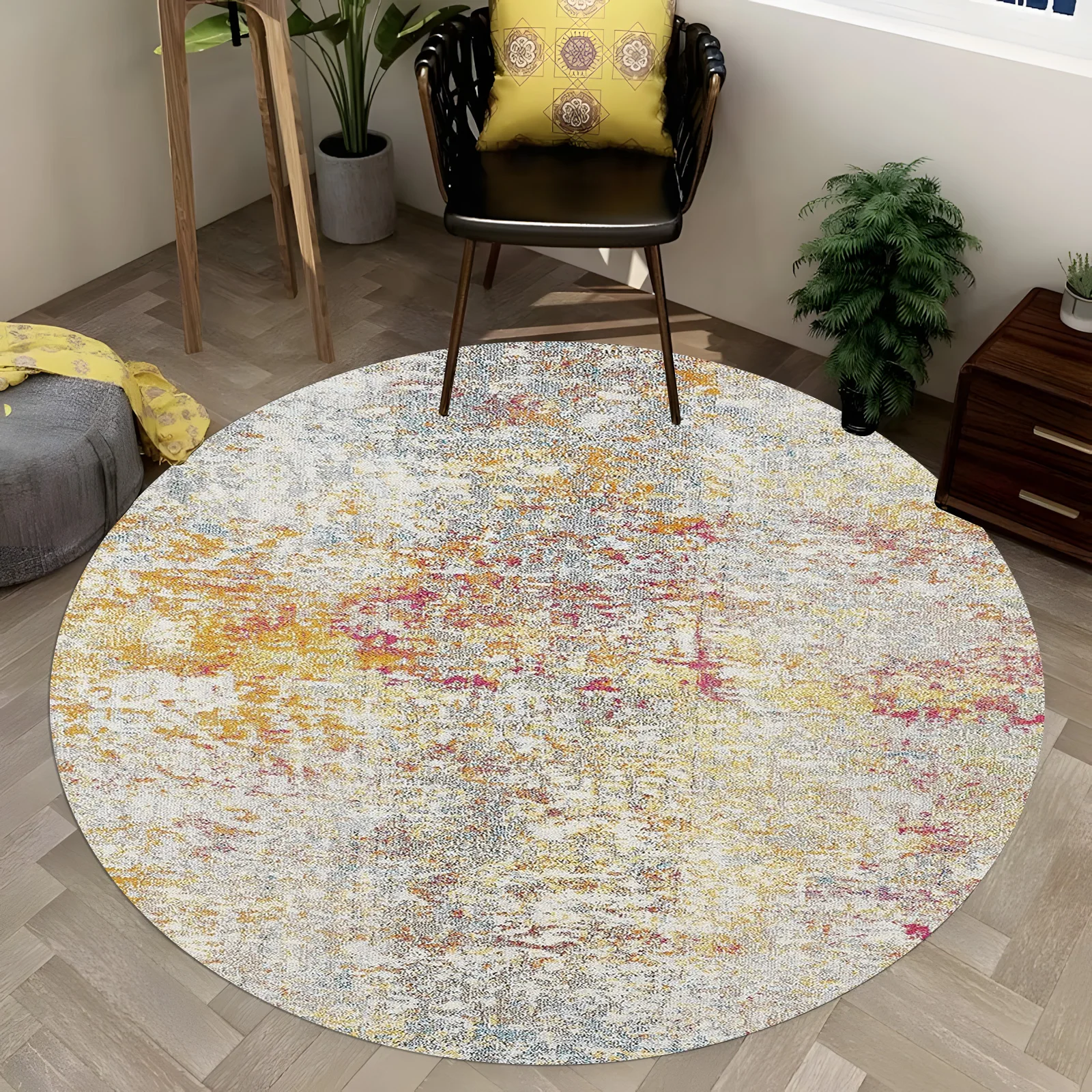 

Round Distressed Vintage Carpet Gray Base with Muted Yellow/Red/Blue Accents, Boho Chic Rug for Living Room, Aged Texture Decor