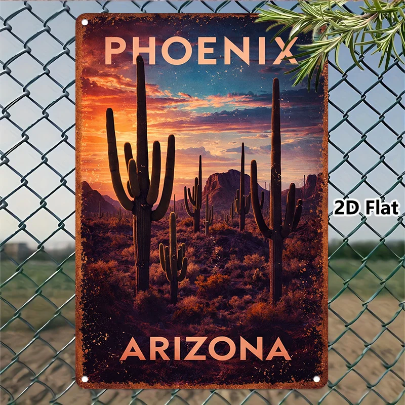 2D Flat - A Tinplate Artwork Featuring a Cactus from Phoenix, Arizona, Perfect for Decorating Living Rooms, Bedrooms, Hallways,