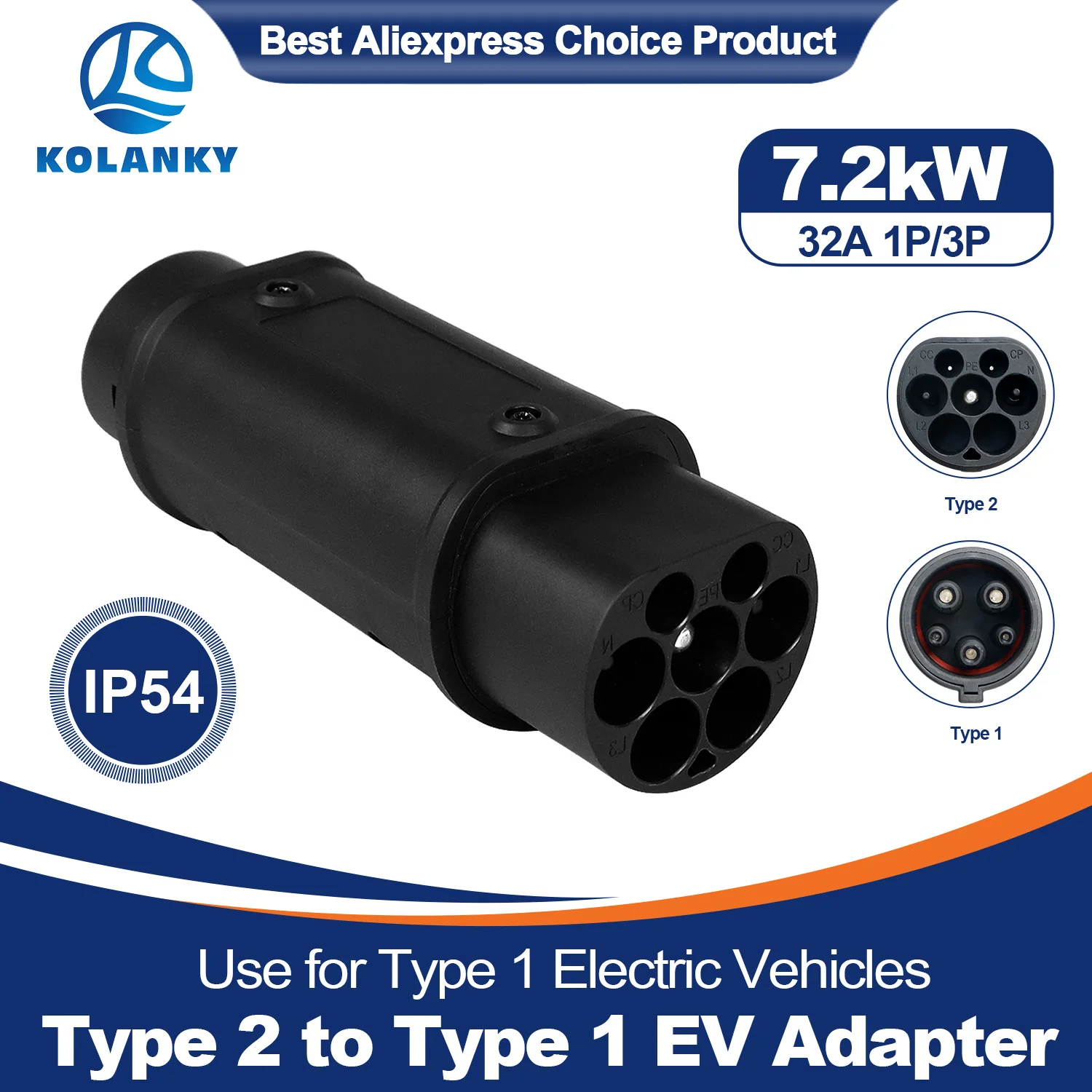 Kolanky EV Charger Adaptor 32A 7KW Type 2 to Type 1 Adapter AC Home Charging Electric Vehicle US Car Socket From AC Type 2
