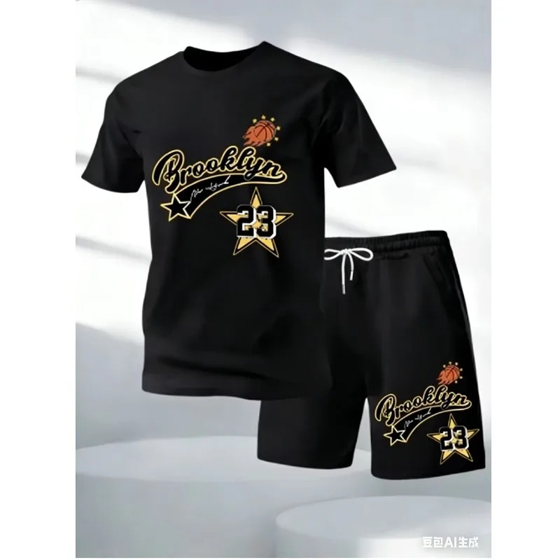 

Two Pieces Set Chicago King 23 Printing T-Shirts Pants Mens Oversized Soft O-Neck Tops High Waisted Pocket Male Shorts