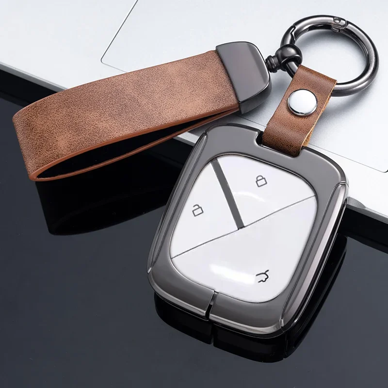 

For Wuling Air EV Zinc Alloy Leather Car Key Cover Case Shell Chain Smart Keyless Remote Fob Holder Protector Keychain