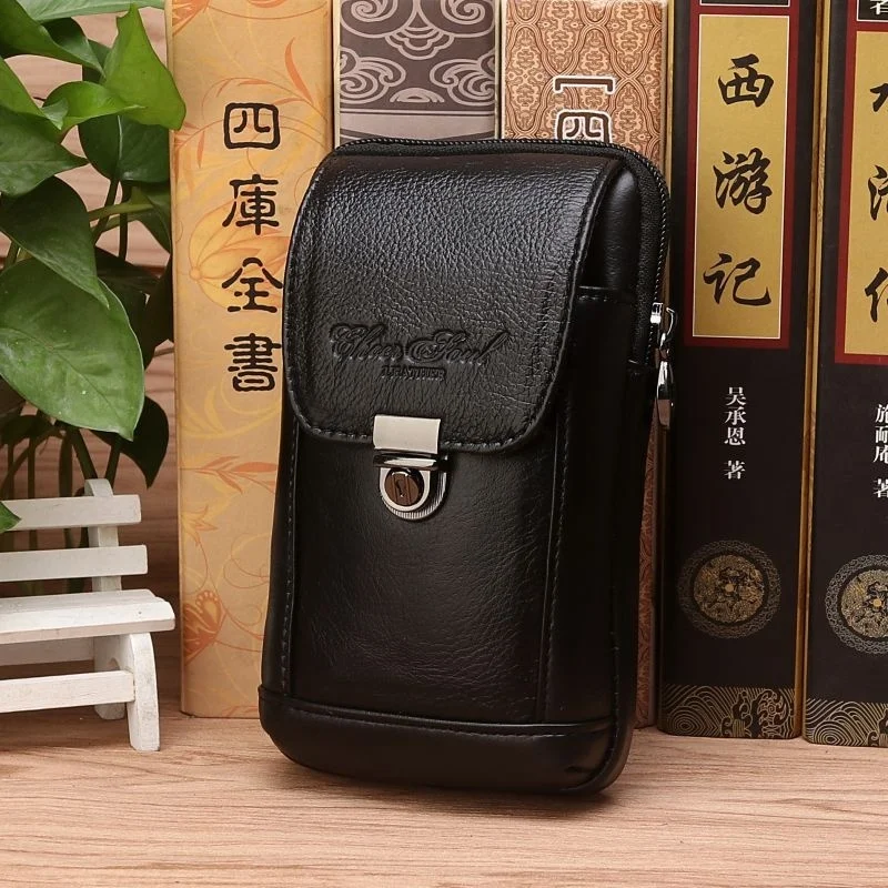 Genuine Leather Cowhide Waist Bag Men Hook Fanny Pack Male Hip Bum Purse Pouch Cigarette Cell Mobile Phone Case Skin Belt Bags