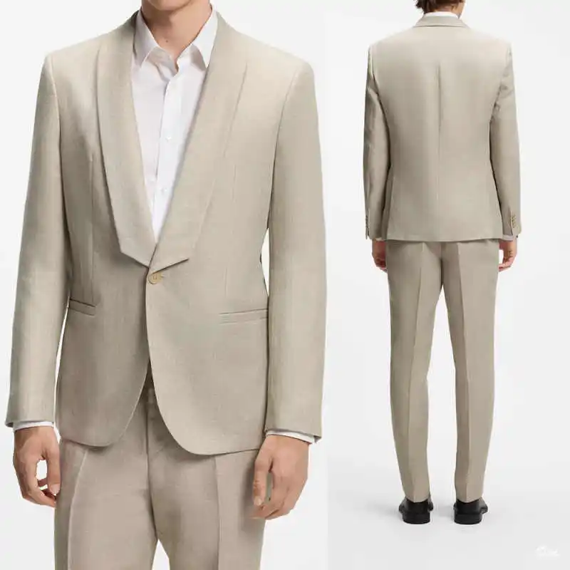 Elegant Beige Men's 2-Piece Suit Slim-Fit Blazer Linen Trim Shawl Collar Formal Business Casual Celebration Outfit Customized