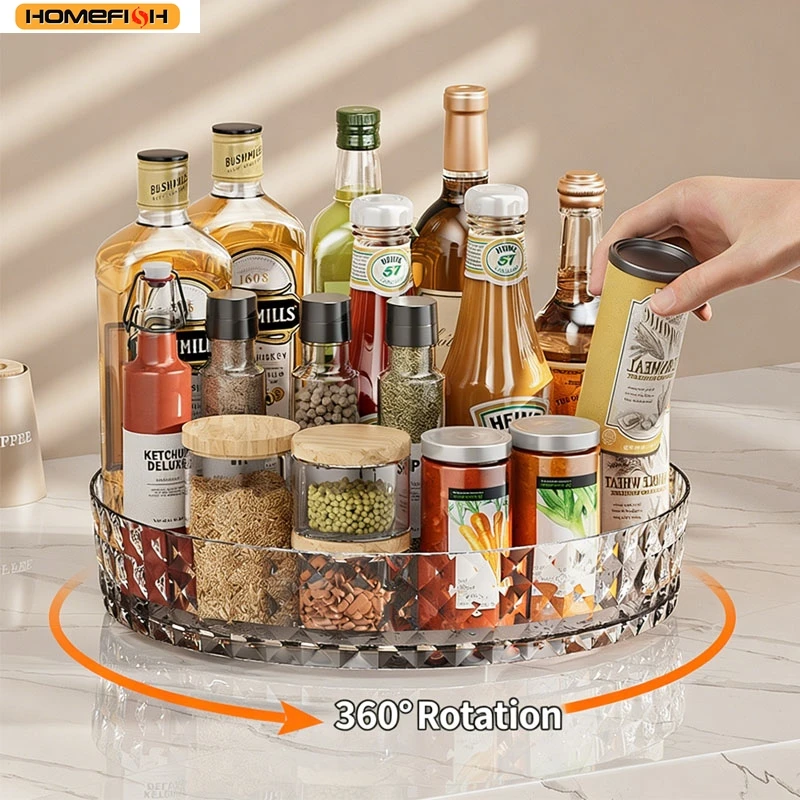 Homefish 360Degree RotatingKitchen Storage Cabinet Organizer Multifunctional Seasoning Soy Sauce Vinegar Rack Desktop Plate Tray