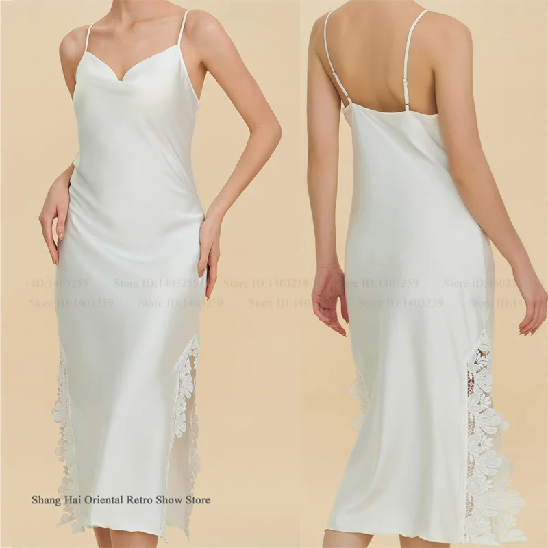 

Высококачественная женская длинная ночная сорочка-комбинация, сексуальная ночная рубашка с разрезом и кружевом на бретельках, шелковистое атласное домашнее платье-пеньюар