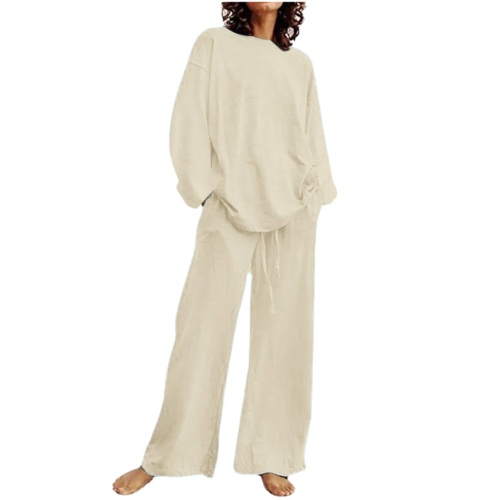 

Cotton Linen Two-piece Set Long Sleeved Tops Drawstring Wide Leg Pants Conjunto De 2 Piezas Para Mujer Pantolon Setleri