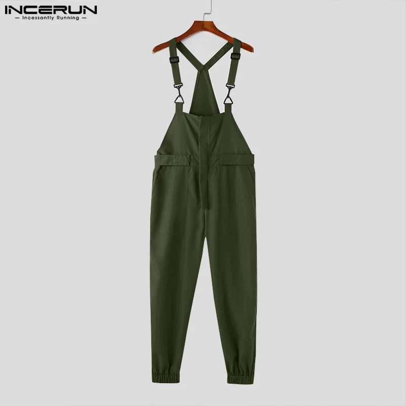 INCERUN Men Jumpsuits Solid Color Sleeveless Straps Rompers Loose Streetwear 2024 Fashion Casual Male Suspender Cargo Overalls