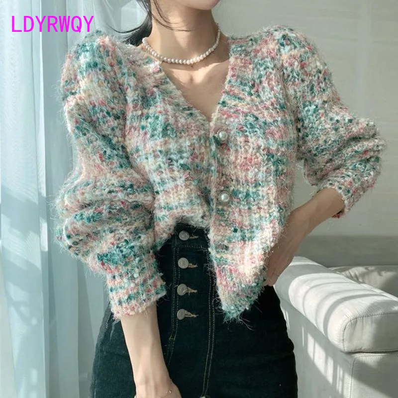 Autumn Age Reducing Single breasted Rainbow Candy Mixed Color Knitted V-neck Cardigan Sweater Coat Female Sweaters