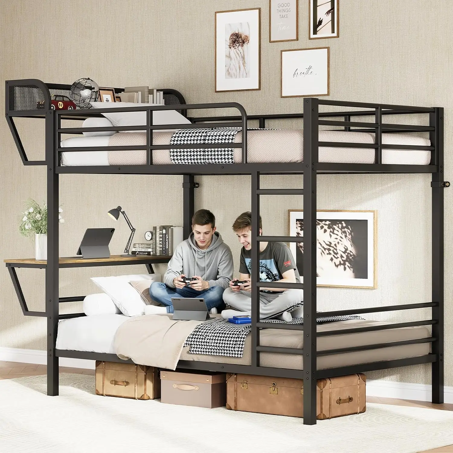 ONBRILL Space-Saving Industrial Steel with Built-in Charging Desk, USB/AC Outlets, Overhead Shelf & Safety Twin Over Twin Bunk Bed for Kids Rooms, Black