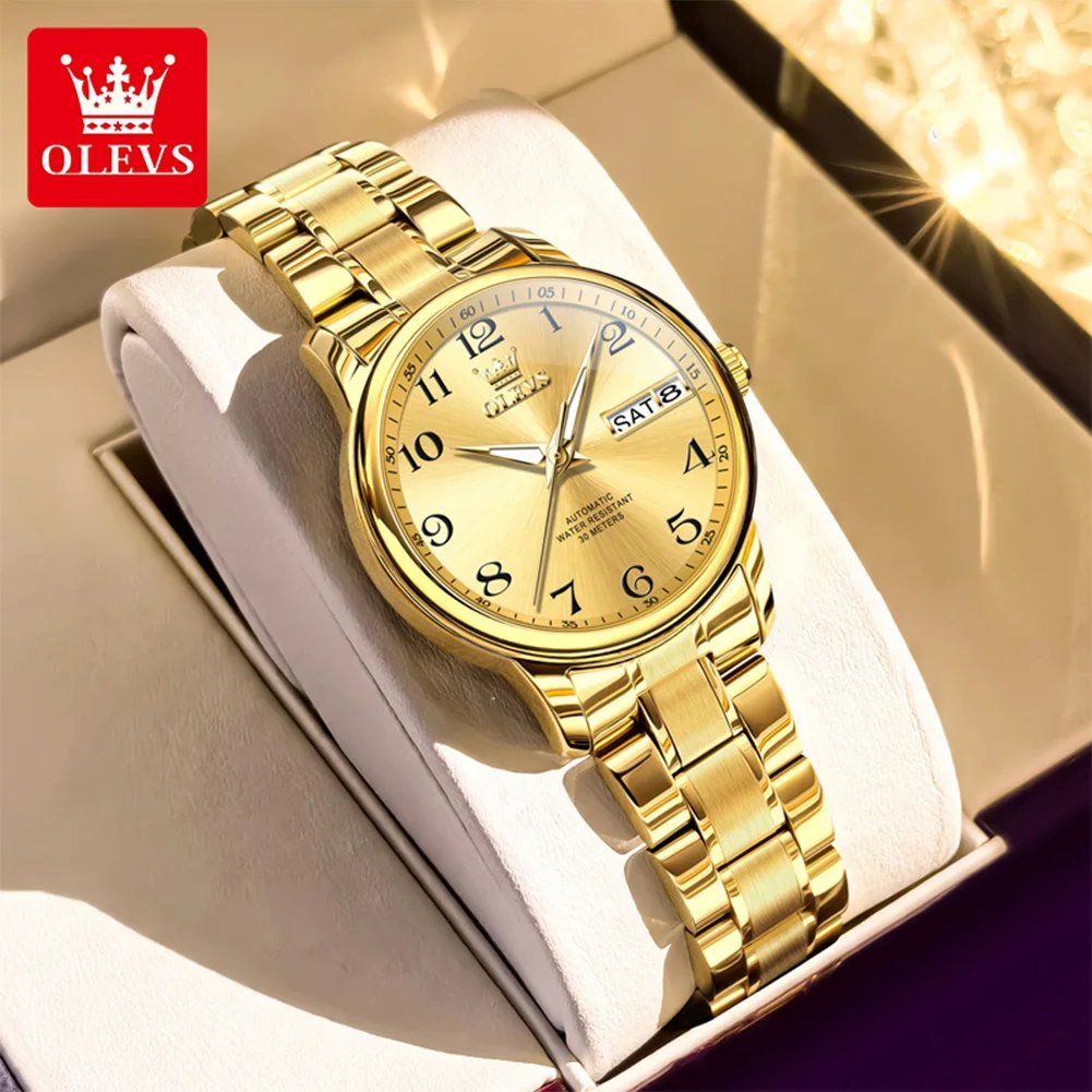 OLEVS 7072, роскошные модные женские часы с двойным календарем, золотые автоматические механические часы из нержавеющей стали для женщин, водонепроницаемые часы
