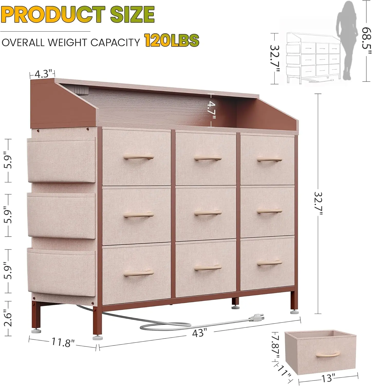 for Bedroom with 9 Drawers - Chest of Drawers for Bedroom with LED Light & Charging Station - Kids Adults Chest o