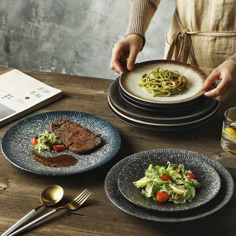 

Japanese Style Circle Steak Plate Under-Glazed Stripes Ceramic Dessert Tray Pasta Dish Anti-Slip Dinnerware Microwave Safe
