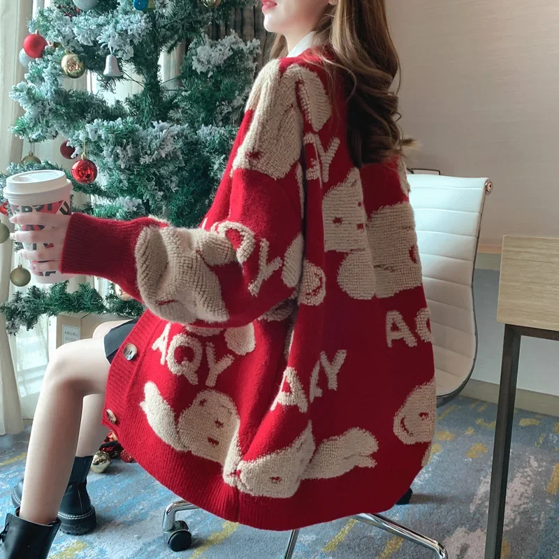 Winter Clothes Women Korean Style Fairycore New Female Cardigans V Neck Hit The Color Cartoon Design Knitted Sweater Loose Coat