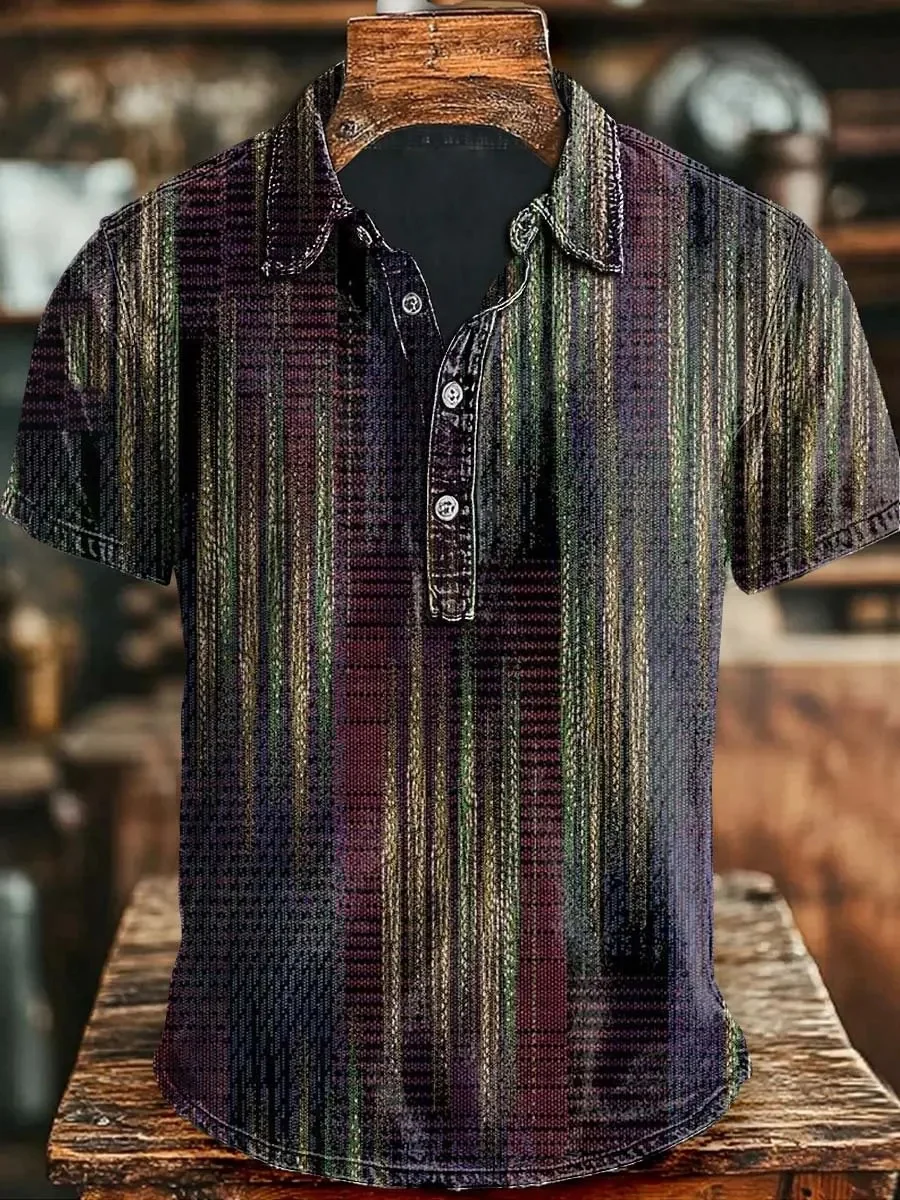 New retro green toned paisley pattern printed men's short sleeved polo shirt for vintage style casual lapel shirt
