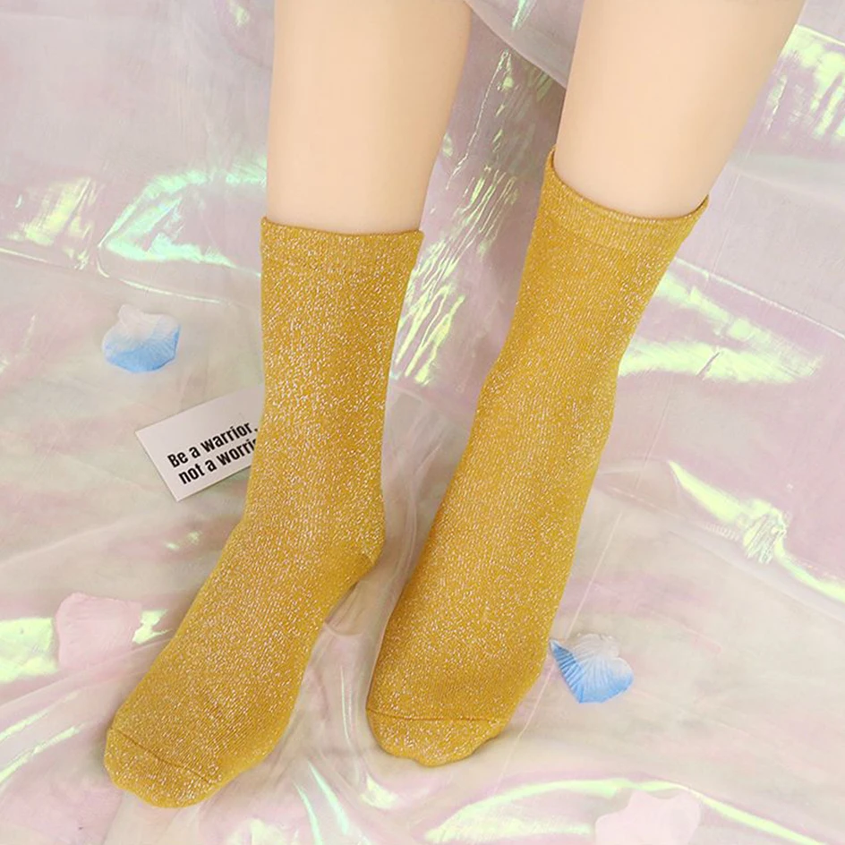 Harajuku Glitter Sequin Socks For Women Candy Color Filigree Loose Socks Shiny Gold Silver Silk Stockings Bright Cotton Socks