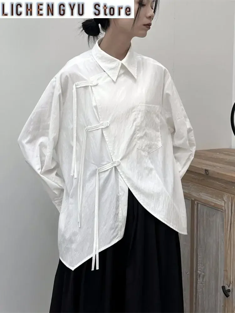 

Women White Buckle Irregular Big Size Blouse New Lapel Long Sleeve Loose Fit Shirt Fashion Tide Spring Autumn