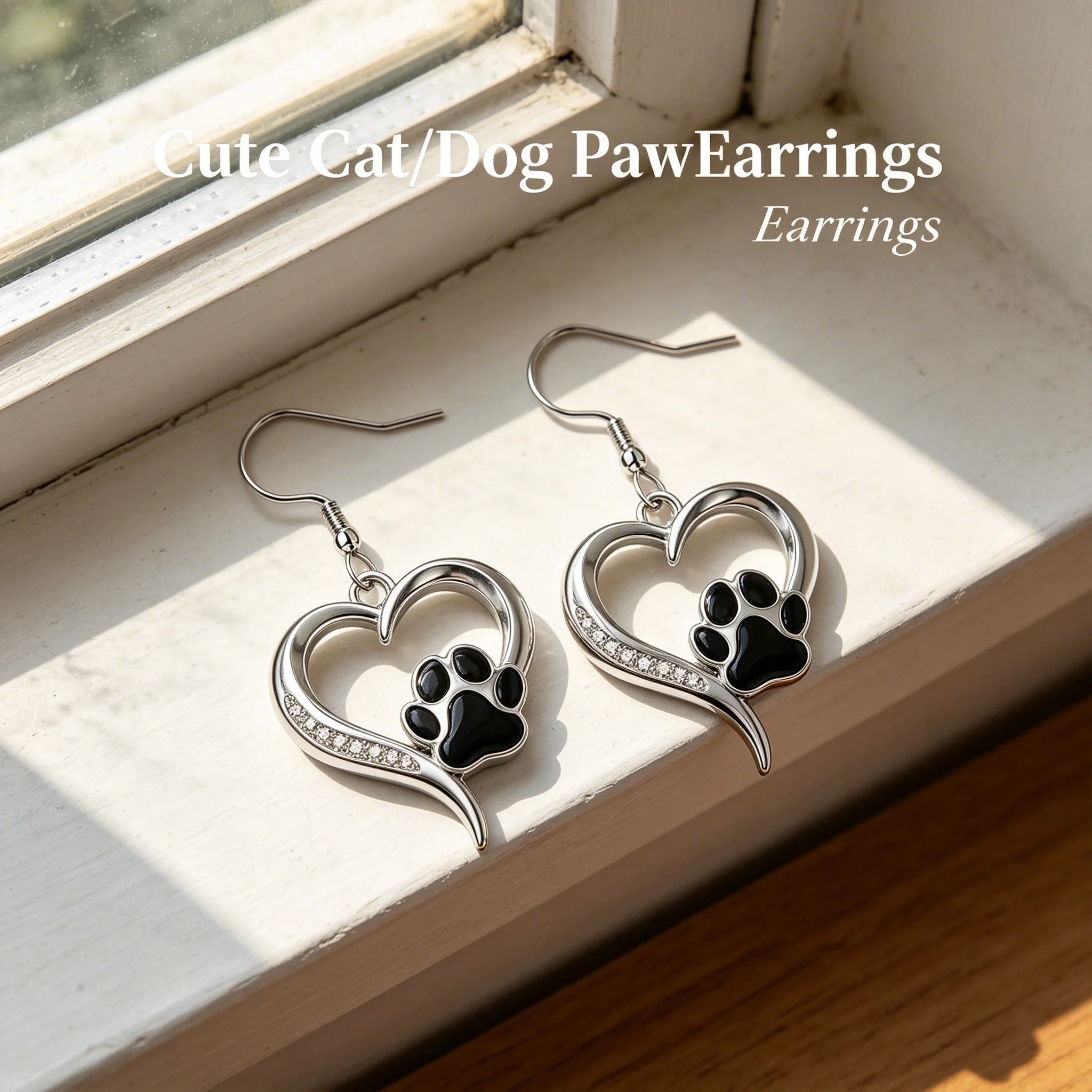Heart Paw Print Dangle Earrings Silver Tone Pet Dog Cat Lover I Love My Pet Women Casual Memorial Jewelry Gift