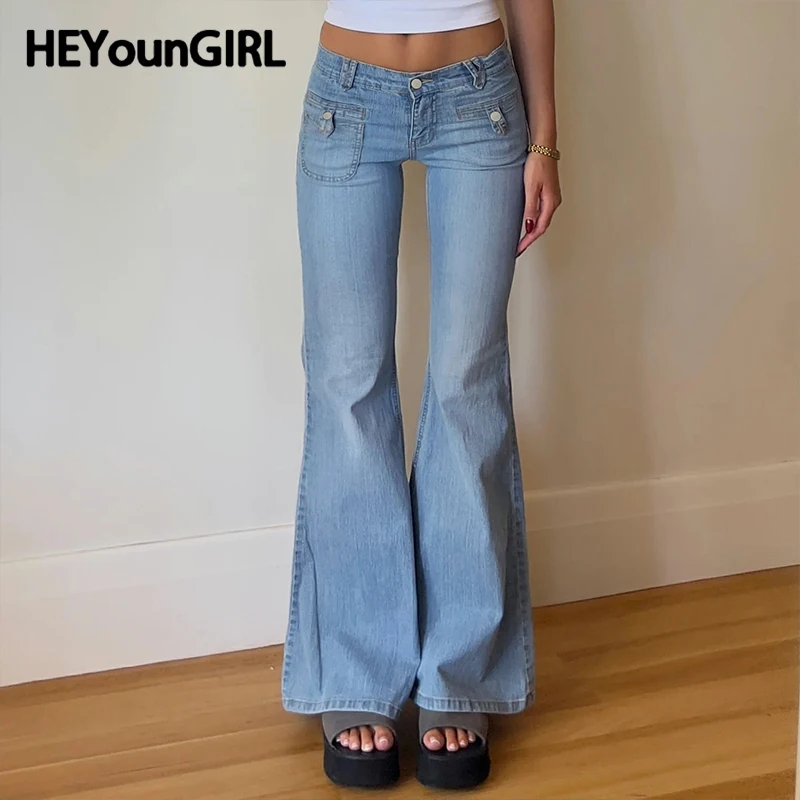 

HEYounGIRL Y2K Low Waisted Flare Jeans with Pocket Design Women Blue Slim Fit Denim Pants Summer Casual Stylish Trousers Street