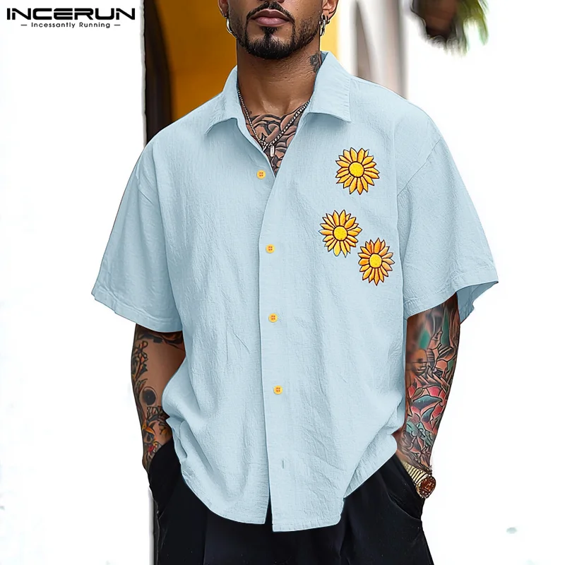 

INCERUN Men Shirt Flower Printing Summer Lapel Short Sleeve Men Clothing Oversize Streetwear 2025 Fashion Vacation Male Shirts