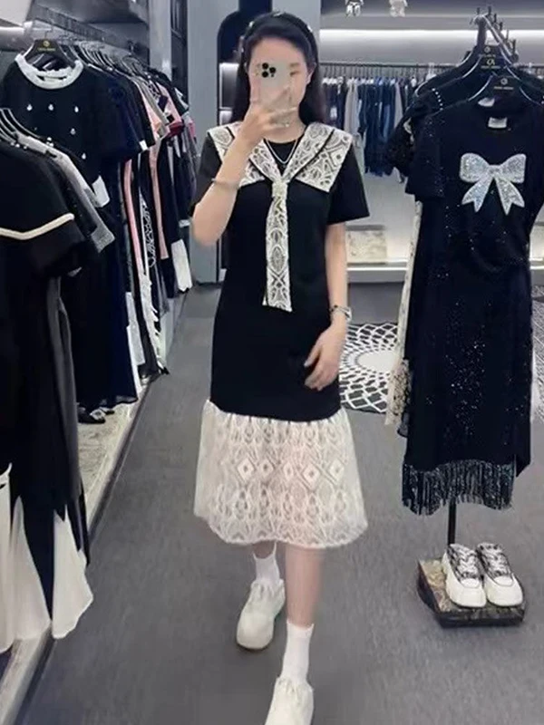 

Korean Sle T-irt Splice Dr Women's Summer New Faion Anti-Aging Slimming Lace oulder Drapery Skirt A-Line Midi Dr