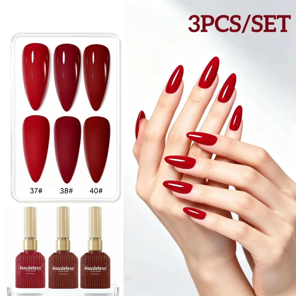 Hassleless 3-Piece Retro Wine Red Solid Color Nail Polish Gel Set, Deep Retro Red Nail Polish Gel Set, Multi-Color Wine Red Nail Polish Gel, Rich and Shiny Color, Popular Nail Color Combinations for Autumn and Winter