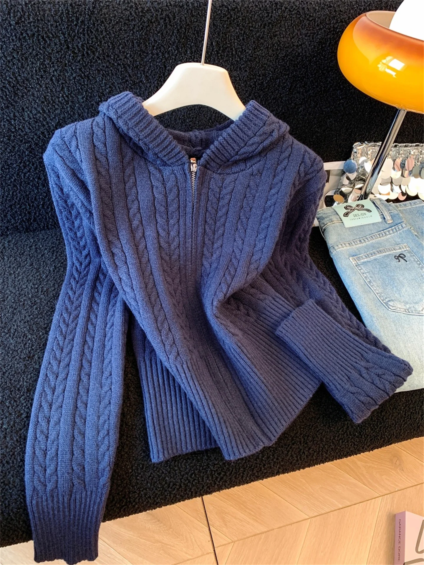 

High-End Feel Zipper Hooded Sweater Jacket Women's Loose Outerwear Autumn Winter Casual Straight Fit Long Sleeve round Neck