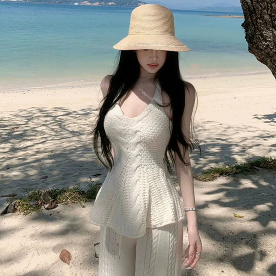 Womens Sleeveless Tank Tops Babydoll Halter Top Backless Peplum Tank Top Summer Knit Sweater Vest Casual Cami beach Tops