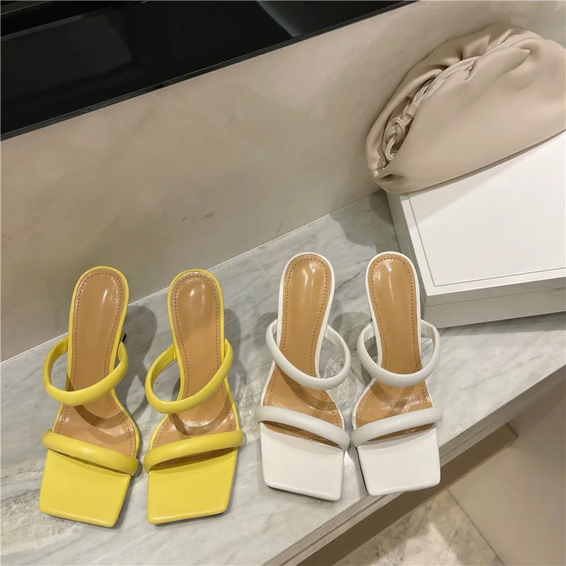 2022 New Summer Yellow White Thin Heels Slippers Sandals Women Square Toe Mules Slippers Beach Leisure Slides Flip Flop Platform