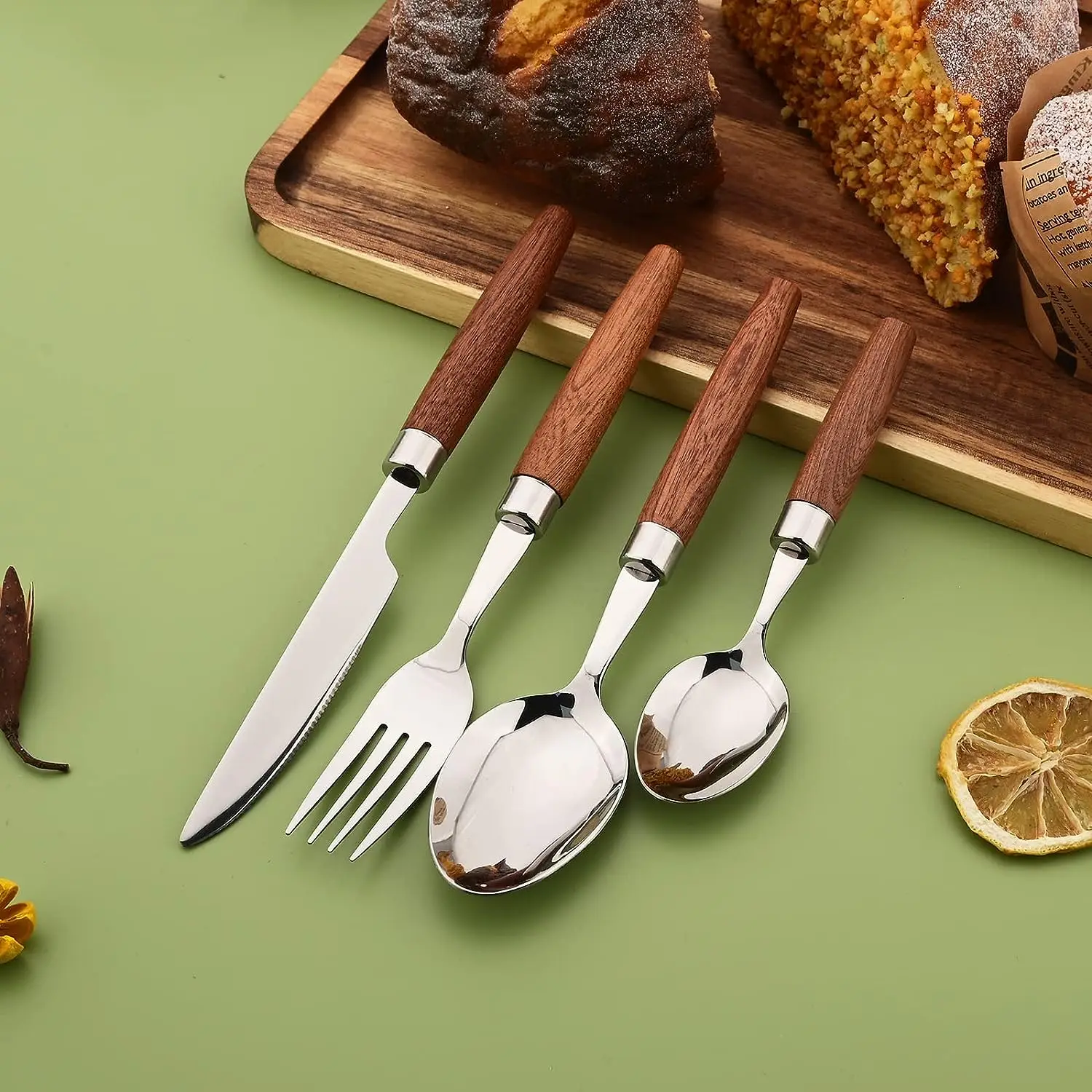 8/16/24Pcs 304 Stainless Steel Imitation Wooden Handle Cutlery Set Dinnerware Western Tableware Knife Fork Tea Spoon Silverware