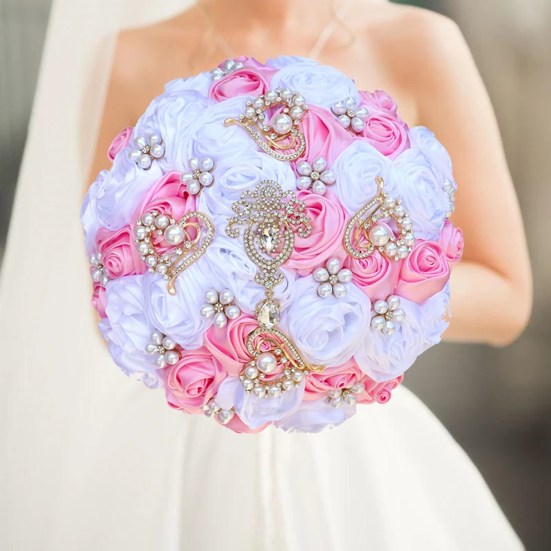 

1pc/lot Pink Bridal Wedding Bouquet Artificial Ribbon Rose