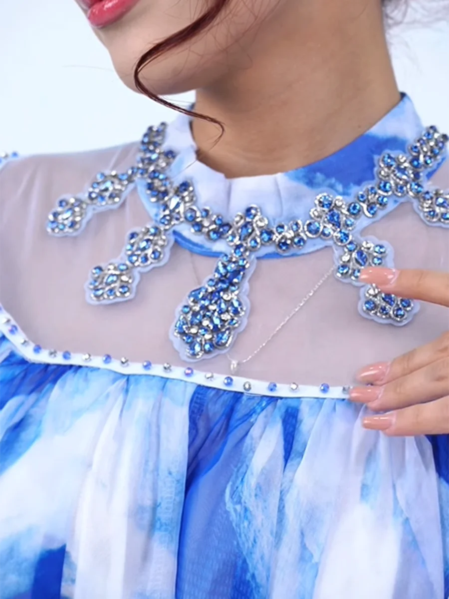 VGH Colorblock พิมพ์ Spliced Sheer ตาข่ายชุดผู้หญิงขาตั้งคอ Patchwork เพชรแขนยาวหลวมพับชุดหญิง