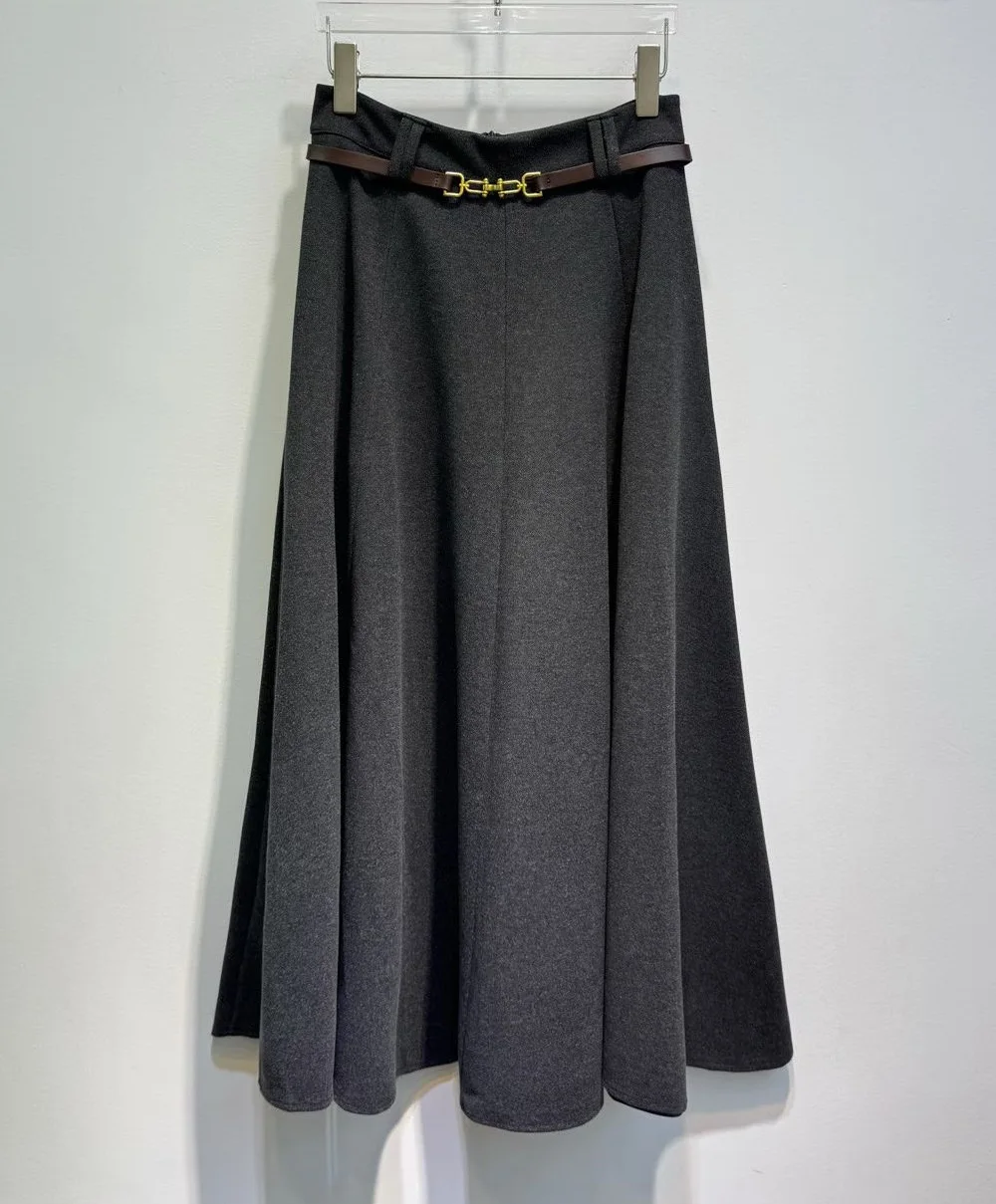 New 2026 Autumn Winter Fashion Long Skirt High Quality Women Belt Deco High Waist Long Maxi Casual Grey Black Woolen Skirts