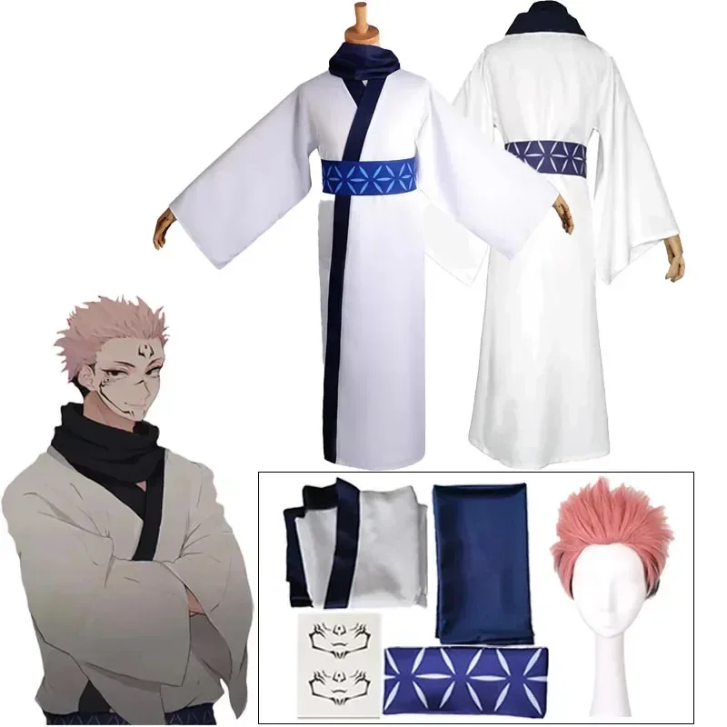 A Jujutsu Kaisen ryomen Sukuna cosplay costume wig tattoo Japanese kimono fancy suit outfit Halloween carnival uniform men