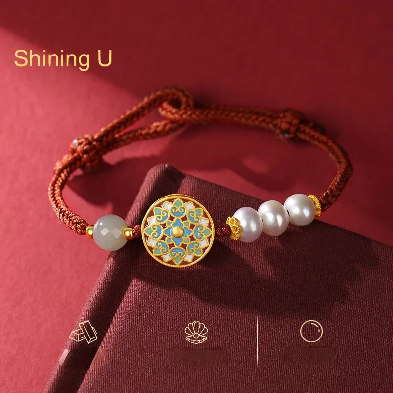 Shining U S925 Silver Pearl Hetian Jade Redline Hand-made Bracelet for Wowomen New Chinese Style Fine Jewelry New Year Gift